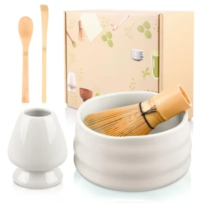 Afbeelding van 5 delige matcha bezemset, theeset, set, garde, kom, 2 lepels, bezemhouder, handmatige set voor theeliefhebbers (wit)