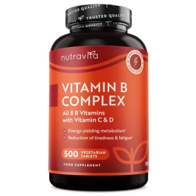 Afbeelding van vitamine B complex met C + D, 500 tabletten voor 1 jaar voorraad, alle 8 biotine, metabolisme, psychische functie, zenuwstelsel (EFSA) Nutravita