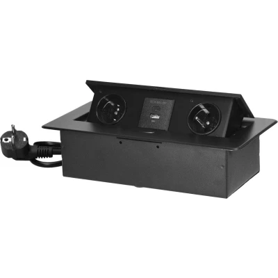 Afbeelding van Bureau stekkerdoos met USB Pop up Stekkerblok 2 stopcontacten, 1x A en C Inbouw Verdeelstekker RVS afwerking 1.5 meter kabel voor max. 3680 Watt Penaarde Zwart