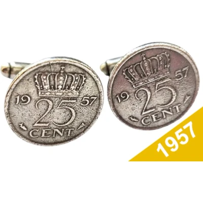 Afbeelding van Manchetknopen Kwartje 1957 Verzilverd Uniek en Stijlvol Sieraad met Jaartal Cadeau Geboortejaar Alle Jaartallen Beschikbaar Doorsnede 1,8 cm