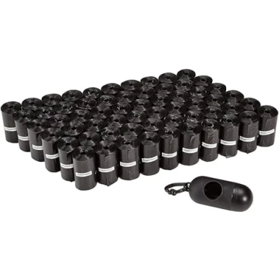 Afbeelding van Amazon Basics Hondenpoepzakjes met dispenser en riemclip, ongeparfumeerd, 900 stuks, 60 verpakkingen van 15, 33 x 23 cm, zwart
