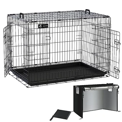 Afbeelding van VOUNOT Hondenkooi Opvouwbaar met Deksel, Hondenbox Auto Hond Transportkooi Dubbele Deuren, 2 Transporthandgrepen &amp; Vloertray, XL 107 x 70 78 cm, Zwart