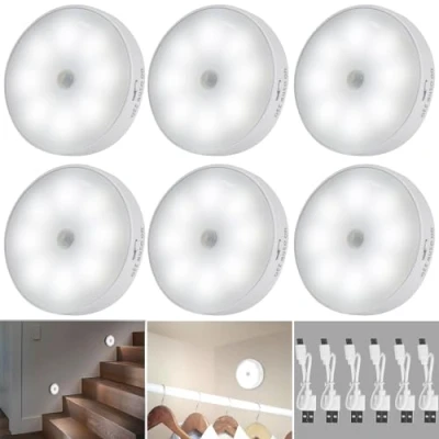Afbeelding van Weinsamkeit 6 stuks 8 leds nachtlampje met bewegingsmelder, led kastverlichting, trapverlichting, USB oplaadbaar, 3 modi, auto/aan/uit, voor hal, trap, slaapkamer, keuken, kast