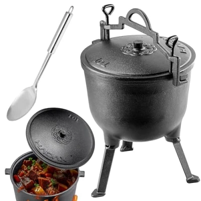 Afbeelding van KADAX Jachtketel, gietijzeren kookpan met voeten, stoofpan van gietijzer, Dutch Oven voor tuin, kampvuur, camping, BBQ, vuurpan deksel (10 l lepel)