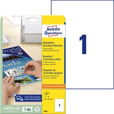 Afbeelding van Correctie etiket Avery wit 210x297mm 25 vel 1 et. per