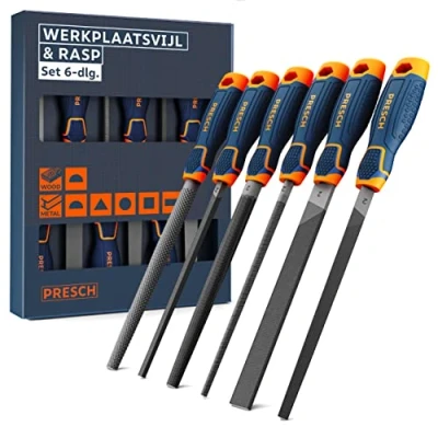 Afbeelding van Presch vijlenset metaal en hout 6st Hoogwaardige met knip 2 incl. halfronde rasp, platte stompvijl, vijl, ronde driehoeksvijl vierkante vijl