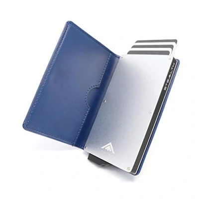 Afbeelding van STEALTH Wallet Slanke Lichtgewicht Minimalistische Kaarthouder Portemonnee Compacte RFID/NFC Blokkerende Pop up Portemonnees Kaarthouders met Geschenkdoos (Zilver Aluminium Blauw Leer)