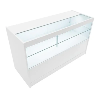 Afbeelding van Wit Winkel Toonbank LED Verlichting C1500 Afsluitbaar Schuifdeuren 2 Sleutels Detailhandel Opbergkast Glas Vitrine Display Kast Receptie Bureau 3 Planken Open Schappen 1 Gesloten Schap Witte Lampen