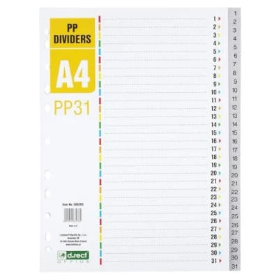 Afbeelding van D.RECT Register voor A4, PP31, 31 tabbladen, ringband, tabbladen met cijferopdruk 1 31, grijs, kleurscheider van PP, polypropyleen