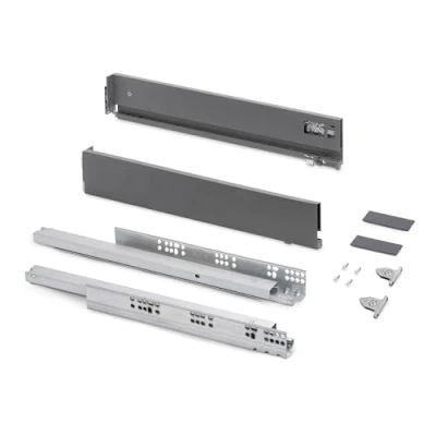Afbeelding van Emuca Lade kit voor keukens of bad met 3D regeling, hoogte 83 mm, diepte 450 40 Kg, zachte sluiting, Panelen niet meegeleverd, Staal, antracietgrijs