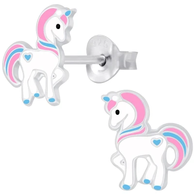 Afbeelding van JoyS Zilveren eenhoorn oorbellen 9 mm pony oorknoppen unicorn