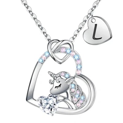 Afbeelding van TINGN eenhoorn cadeau voor meisjes, ketting met zirkonia, hart, eenhoorn, ketting, vrouwen, cadeau, sierlijke letters, sieraden