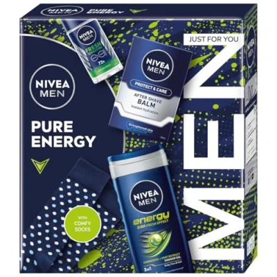 Afbeelding van Nivea Men, Schoonheidsgeschenkset, Set Pure Energy Antitranspirant Roll On 50ml, Douchegel 250ml, Aftershavebalsem 100ml, Sokken (Scheerset)