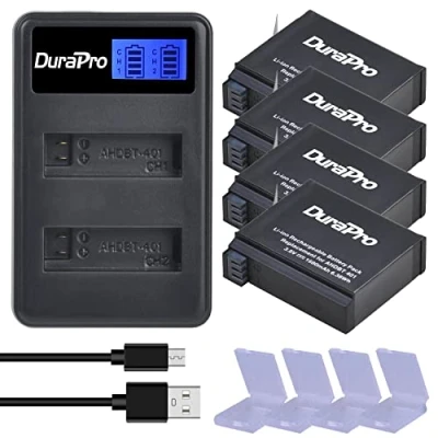 Afbeelding van DuraPro Batterijen AHDBT 401 (4 stuks) 1500mAh + LCD Dual USB Oplader voor Gopro 4 Batterij Hero Zwart/Zilver Camera