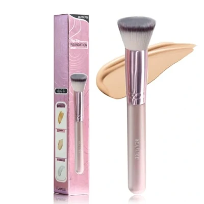 Afbeelding van Kabuki BEASOFEE Make upkwast, met platte bovenkant, poederachtige of vloeibare foundation, dichte synthetische premium penseelharen, mengvloeistof, concealer 04, roségoud