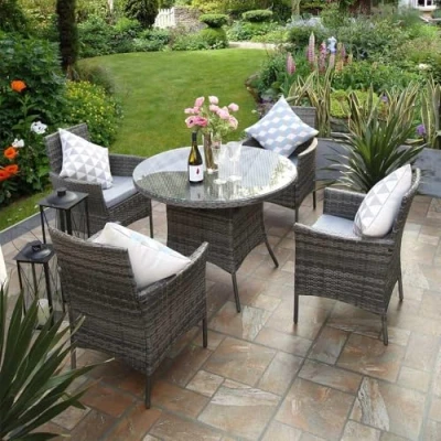 Afbeelding van RayGar 5pcs rotan eetkamer set tuin terrasmeubilair 4 stoelen &amp; ronde tafel grijs