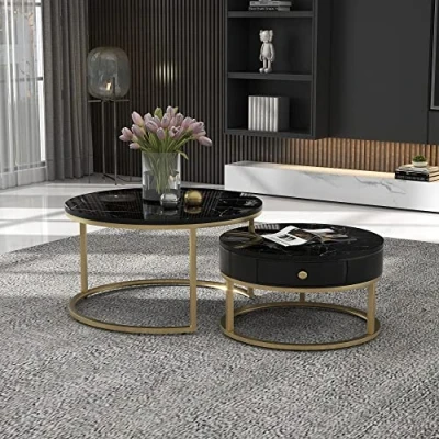 Afbeelding van Moderne nesting salontafel hoogglans marmerpatroon set van 2 ronde salontafels bijzettafel (zwart)