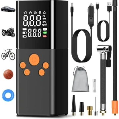 Afbeelding van Elektrische luchtpomp met accu Akku Luftpumpe Kompressor Pump Electric 150PSI 10000mAh Tragbarer mit Digitale LCD Bildschirm Pressure (Schwarz)