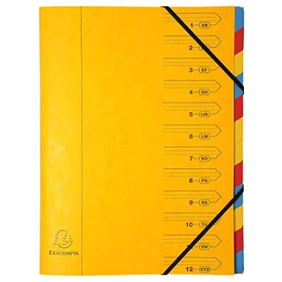 Afbeelding van Exacompta Ref. 54129E 1 Sorteermap met vaste rug en elastosluiting Omslag in bedrukte glanskarton binnenin gerecycleerd karton 12 vakken formaat 24,5x 32 cm voor A4 Kleur: geel