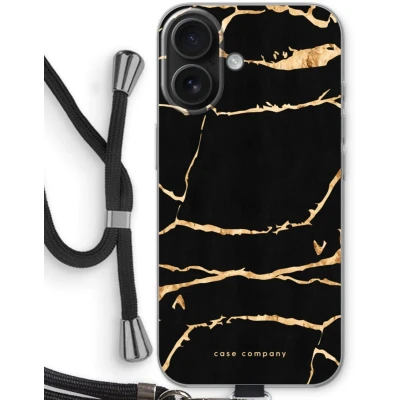 Afbeelding van Case Company® hoesje met Koord geschikt voor iPhone 16 Gouden marmer Telefoonhoesje Zwart Bescherming aan alle Kanten en Over de Schermrand