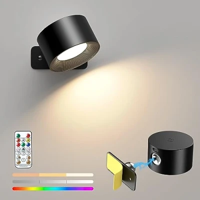 Afbeelding van Mexllex Led wandlamp voor binnen, RGB wandlampen zonder stroomaansluiting, met 3 helderheidsniveaus en 16 kleuren, 360 draaibare woonkamer, slaapkamer, hal, draadloze (zwart)