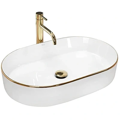 Afbeelding van REA Nadia Opzetwastafel Waskom 61 x 38.5 12 cm Glans Wit Gold Edge