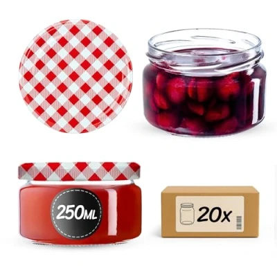 Afbeelding van KADAX kleine inmaakpotten, 250 ml, jampotten met deksel, luchtdichte potten om cadeau te geven, voor honing en specerijen (20 stuks, rood geruit)