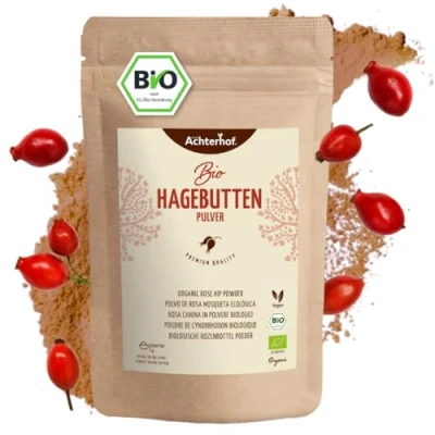 Afbeelding van Achterhof Biologische rozenbottelpoeder, 1000 g, hele rozenbottel gemalen, fruitig, zoet kruidig aroma, 100% biologisch rozenbottelpoeder in rauwkostkwaliteit