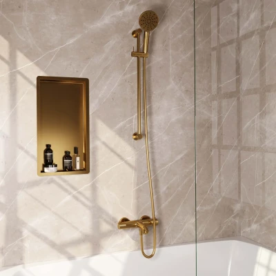 Afbeelding van Brauer Gold carving Badkraan Opbouw glijstang 2 functies knoppen handdouche rond 3 standen PVD geborsteld goud