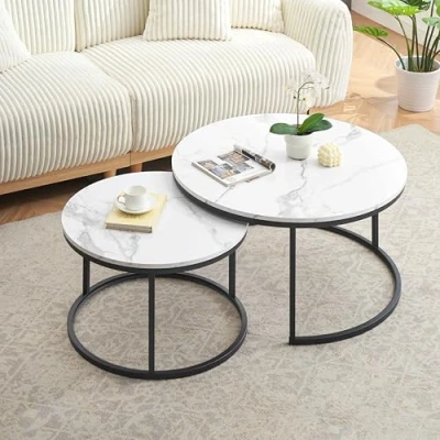Afbeelding van Ginhow Salontafel met marmerlook, voor de woonkamer, diameter 80 cm en 60 cm, ronde tafel, MDF, wit marmerlook zwart stalen frame