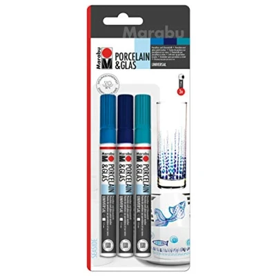 Afbeelding van Marabu 0123000000085 porselein &amp; glas painter, Seaside, set met 3 kleuren, hoogglanzende en glasstift op waterbasis, vaatwasmachinebestendig na inbranden, punt 1 2 mm