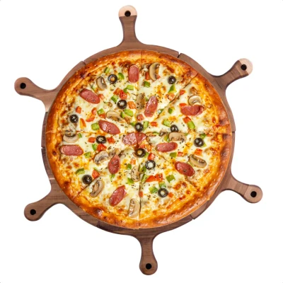 Afbeelding van Cheqo® Luxe Pizzabord Pizzaplank Serveerschaal Tapasplank Serveerplank Hapjes 6 Stuks Acacia Hout 42x42 cm Pizza