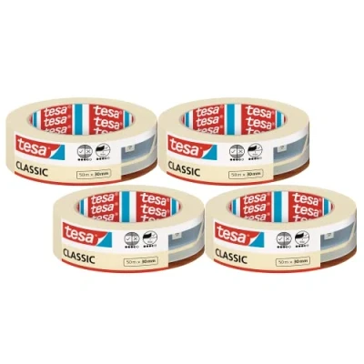 Afbeelding van tesa Schilderstape CLASSIC Afplaktape voor Afplakken tijdens Schilderwerkzaamheden Oplosmiddelvrij en Verwijderbaar Zonder Lijmresten Achter te Laten 4x 50 m x 30 mm