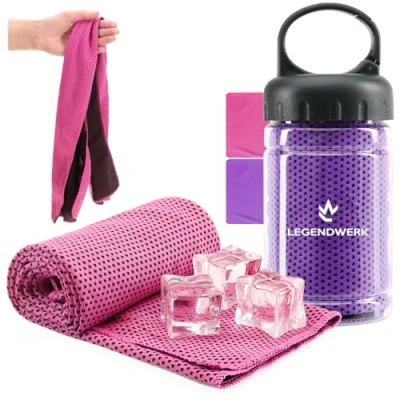 Afbeelding van COM FOUR® 2x verkoelende handdoek in een fles bij hitte, zonnebrand, sport, vermoeidheid, brandwonden of insectenbeten, kamperen (2x doek roze)