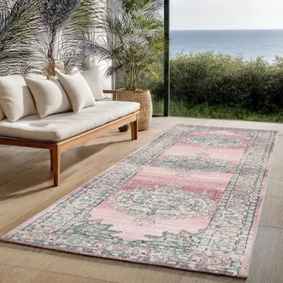 Afbeelding van Buitentapijt voor balkon terras of tuin Roze kleur 80x300 Rechthoekig robuust outdoor Vloerkleed weerbestendig en UV bestendi Binnen Buiten The Carpet Palma