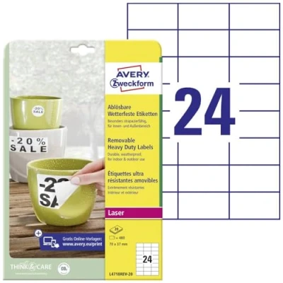 Afbeelding van Avery Zweckform L4718REV 20 folie etiketten 70 x 37 mm Polyester Wit 480 stuk(s) Weer verwijderbaar Laser (kleur), (zwart/wit), Kopiëren