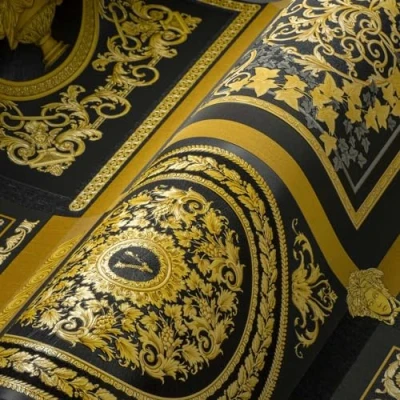 Afbeelding van &quot;MEDUSA HOOFD&quot; SATIJN GLANZEND BAROK BEHANG Design zwart goud A.S. Création Versace 5