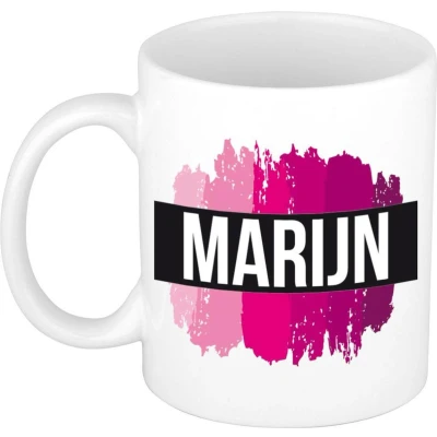 Afbeelding van Marijn Naam / voornaam kado beker mok roze verfstrepen Gepersonaliseerde met mokken