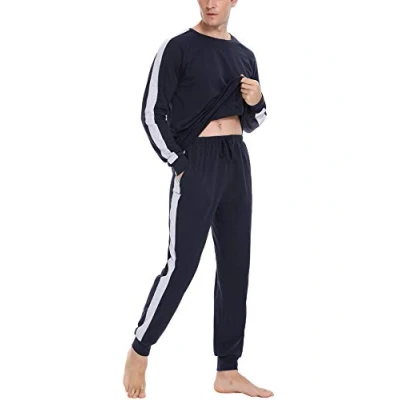 Afbeelding van Doaraha Pyjama voor heren, tweedelige nachtkleding, lang, katoen, lange mouwen, slaapkleding, huispak, ronde hals, slaapshirt en geruite pyjamabroek herfst winter, Strepen donkerblauw, L