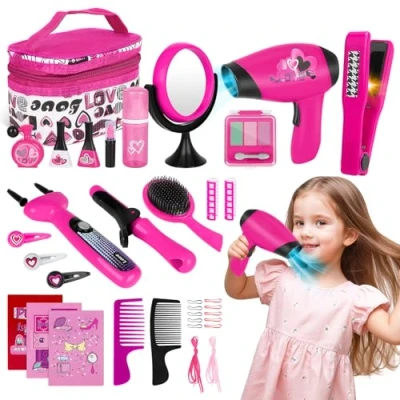 Afbeelding van deAO Kapper Beautycase Speel Set met Nep make upaccessoires Spelen Inbegrip van Vlechtmachine en Speelgoedföhn