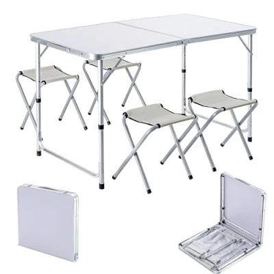 Afbeelding van KADAX Campingmeubelset: klaptafel met 4 in hoogte verstelbare stoelen, multifunctioneel (zilver en wit)