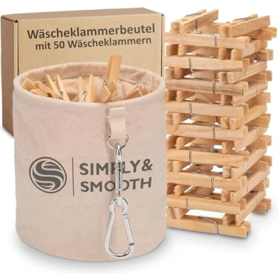 Afbeelding van SimplySmooth Wasknijpertasje Inclusief 50 Houten Wasknijpers Van 100% Katoen Met Extra Grote Karabijnhaken Om Op Te Hangen Wasknijpermandje Sluiting