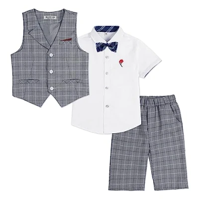 Afbeelding van LOLANTA 4 delige vrijetijdspak voor kinderen, feestelijk zomertrouwpak jongens, overhemd met korte mouwen, vlinderdas, gilet, broek, grijs geruit, 160
