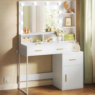 Afbeelding van WOLTU MB6102ws make uptafel met spiegel en ledlampen, 3 lichtsterktes, laden planken, grote ruimte, witte uptafel, 90 x 40 cm, van hout metaal