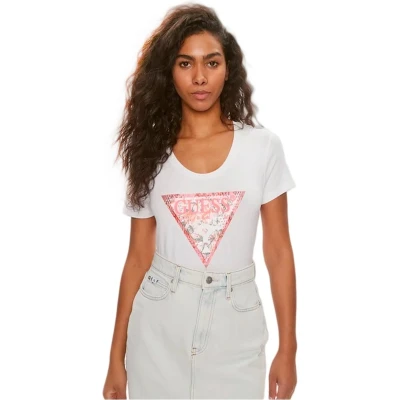 Afbeelding van Guess Triangle Tshirt print, Dames, Maat: Small, Pure white