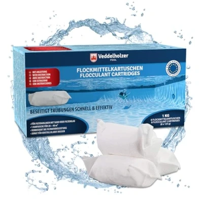 Afbeelding van Veddelholzer 1 kg Vlokmiddel voor zwembaden, 8 x 125 g, zand en glasfiltersystemen. zwembaden als zwembadreiniger, onderhoud zwembadaccessoires.
