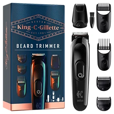 Afbeelding van King C. Gillette Baardtrimmer voor heren, draadloos, lange levensduur, elektrisch baardscheerapparaat met wasbare kop, 4 opzetkammen, cadeau idee heren