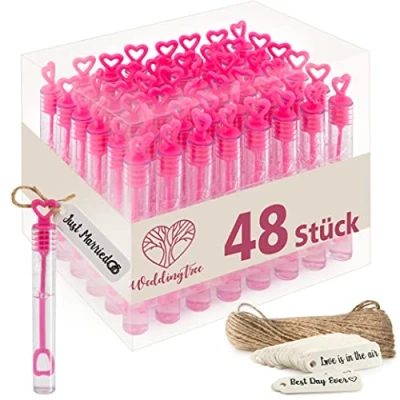 Afbeelding van WeddingTree® Premium zeepbellen blaas set, roze kleur, 48 delig, met hartvormige houder, voor het vieren van bruiloft doop, verjaardag, gouden huwelijk, verloving, Valentijnsdag en als gastgeschenk op een feest