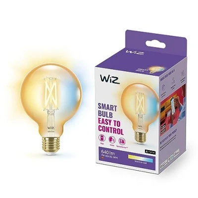 Afbeelding van Smart WiZ Tunable White Amber glazen LED lamp, E27 bolvorm, 50W, vintage design, warmwit tot koudwit licht, bestuurbaar via App of Click