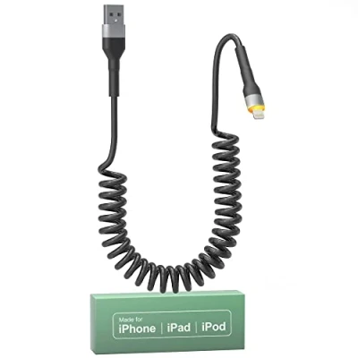 Afbeelding van iPhone spiraalkabel, Apple Carplay &amp; MFi gecertificeerd, intrekbare USB kabel met gegevensoverdracht, korte voor iPhone/Pad/Pod